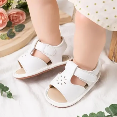 Meckior Baby Toddler Infant Qizlar PU Charm Teri Yumshoq Ochiq Oyoqli Yozgi Sandallar Gul Princess Yassi Poyabzal - MECKIOR (1)