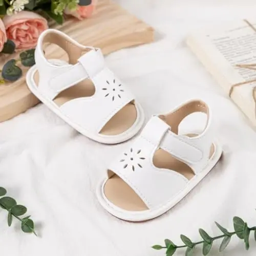 Meckior Baby Toddler Infant Qizlar PU Charm Teri Yumshoq Ochiq Oyoqli Yozgi Sandallar Gul Princess Yassi Poyabzal - 5