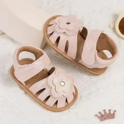 Meckior Baby Toddler Infant Qizlar PU Charm Teri Yumshoq Ochiq Oyoqli Yozgi Sandallar Gul Princess Yassi Poyabzal - 4