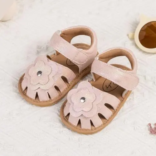 Meckior Baby Toddler Infant Qizlar PU Charm Teri Yumshoq Ochiq Oyoqli Yozgi Sandallar Gul Princess Yassi Poyabzal - 3