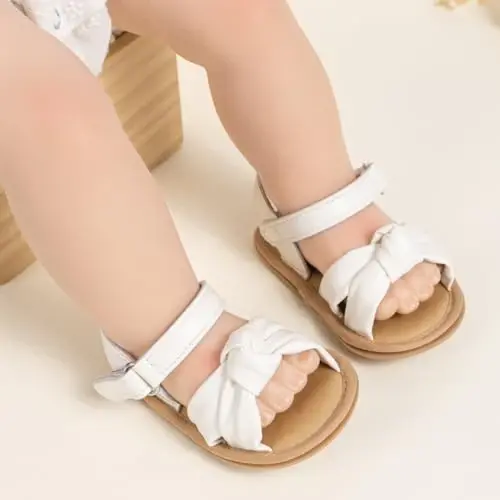 Meckior Baby Toddler Infant Qizlar PU Charm teri Yumshoq Ochiq Oyoqli Yozgi Sandallar Gul Princessi Yassi Poyabzal - 3