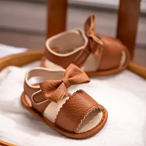 Meckior Baby Toddler Infant Qizlar PU Charm Teri Yumshoq Ochiq Oyoqli Yozgi Sandallar Gul Princessi Yassi Poyabzal - 4