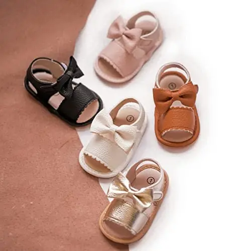 Meckior Baby Toddler Infant Qizlar PU Charm Teri Yumshoq Ochiq Oyoqli Yozgi Sandallar Gul Princessi Yassi Poyabzal - 3