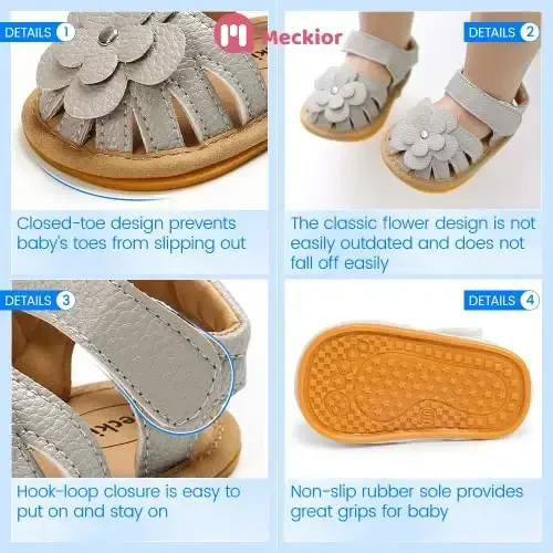 Meckior Baby Toddler Infant Qizlar PU Charm Teri Yumshoq Ochiq Oyoqli Yozgi Sandallar Gul Princessi Yassi Poyabzal - 5