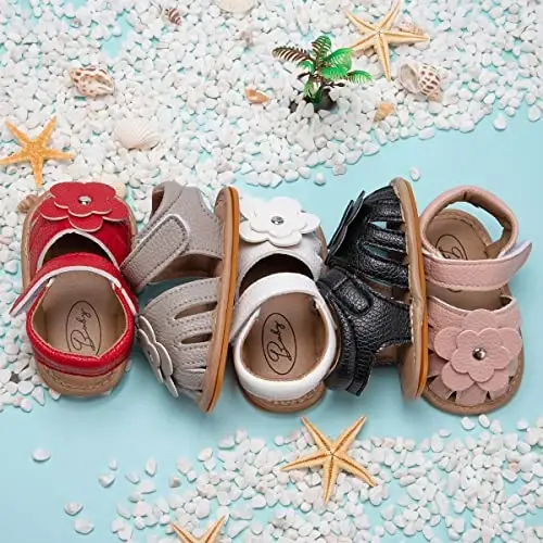 Meckior Baby Toddler Infant Qizlar PU Charm Teri Yumshoq Ochiq Oyoqli Yozgi Sandallar Gul Princessi Yassi Poyabzal - MECKIOR (1)