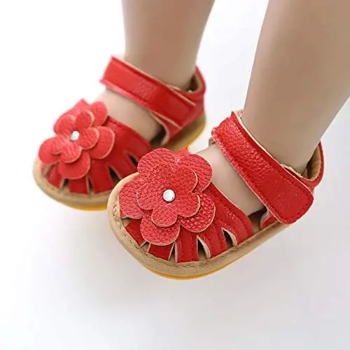 Meckior Baby Toddler Infant Qizlar PU Teri Yumshoq Ochiq Oyoqli Yozgi Sandallar Gul Princessi Yassi Poyabzal - 4