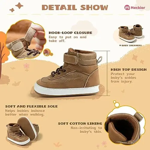 Meckior Toddler Baby Boys Girls High Tops Ankle Sneakers Soft Anti-Slip Sole PU Leather Moccasins Infant Newborn Prewalker First Walking Crib Shoes - 5