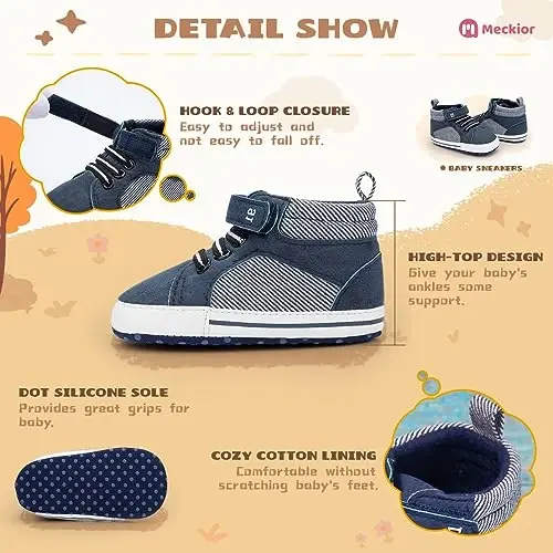 Meckior Toddler Baby Boys Girls High Tops Ankle Sneakers Soft Anti-Slip Sole PU Leather Moccasins Infant Newborn Prewalker First Walking Crib Shoes - 4