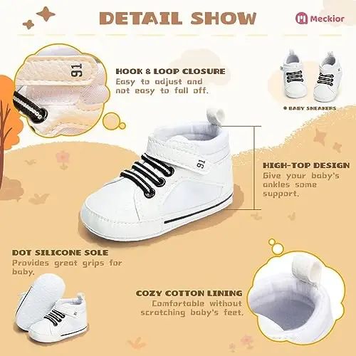 Meckior Toddler Baby Boys Girls High Tops Ankle Sneakers Soft Anti-Slip Sole PU Leather Moccasins Infant Newborn Prewalker First Walking Crib Shoes - 5