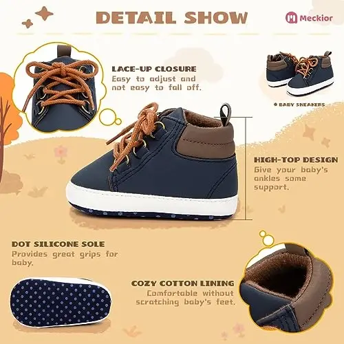 Meckior Toddler Baby Boys Girls High Tops Ankle Sneakers Soft Anti-Slip Sole PU Leather Moccasins Infant Newborn Prewalker First Walking Crib Shoes - 5