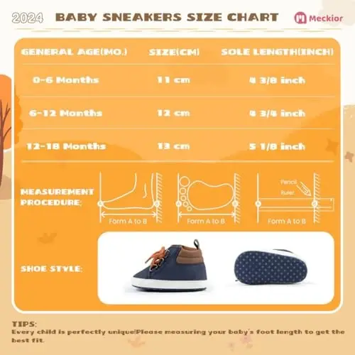 Meckior Toddler Baby Boys Girls High Tops Ankle Sneakers Soft Anti-Slip Sole PU Leather Moccasins Infant Newborn Prewalker First Walking Crib Shoes - 6