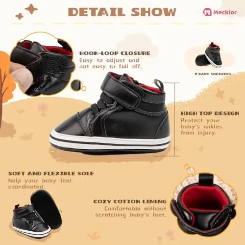 Meckior Toddler Baby Boys Girls High Tops Ankle Sneakers Soft Anti-Slip Sole PU Leather Moccasins Infant Newborn Prewalker First Walking Crib Shoes - 5