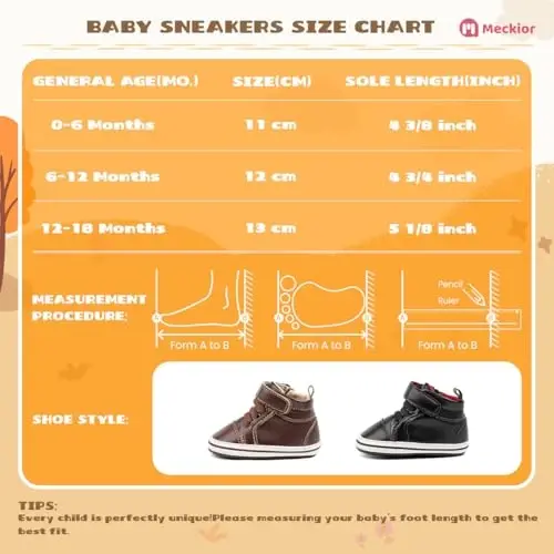 Meckior Toddler Baby Boys Girls High Tops Ankle Sneakers Soft Anti-Slip Sole PU Leather Moccasins Infant Newborn Prewalker First Walking Crib Shoes - 6
