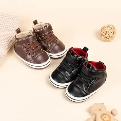 Meckior Toddler Baby Boys Girls High Tops Ankle Sneakers Soft Anti-Slip Sole PU Leather Moccasins Infant Newborn Prewalker First Walking Crib Shoes - 2