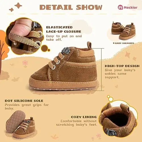 Meckior Toddler Baby Boys Girls High Tops Ankle Sneakers Soft Anti-Slip Sole PU Leather Moccasins Infant Newborn Prewalker First Walking Crib Shoes - 4