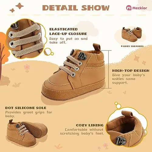 Meckior Toddler Baby Boys Girls High Tops Ankle Sneakers Soft Anti-Slip Sole PU Leather Moccasins Infant Newborn Prewalker First Walking Crib Shoes - 5