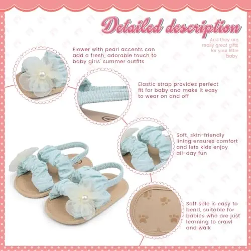 Meckior Infant Baby Girls Boys Summer Sandals Open Toe Lace Princess Dress Wedding Flats Shoes Newborn Toddler Soft Non-slip Sole First Walker Crib Shoes - 3