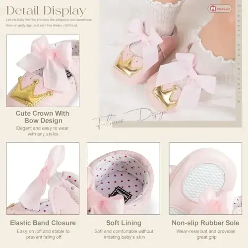 Meckior Infant Baby Girls Boys Handmade Princess Flats Toddler First Walkers Soft PU Leather Non-Slip Crib Wedding Dress Shoes - 5