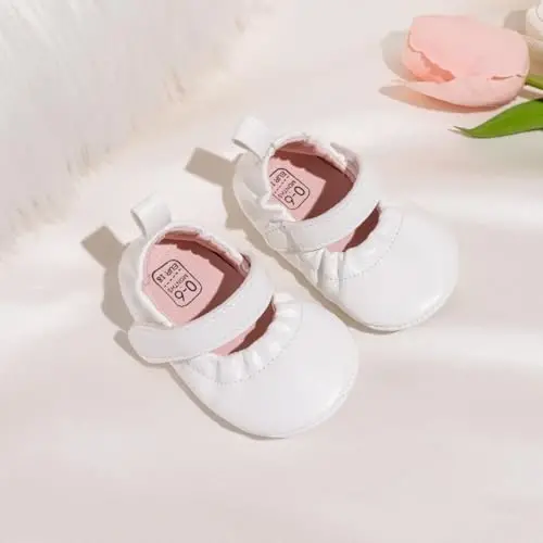 Meckior Infant Baby Girls Boys Handmade Princess Flats Toddler First Walkers Soft PU Leather Non-Slip Crib Wedding Dress Shoes - 4