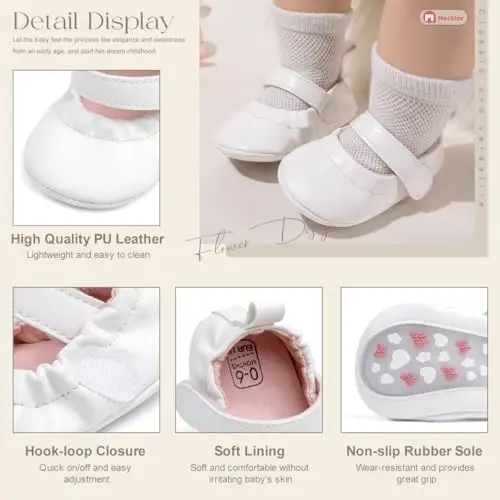 Meckior Infant Baby Girls Boys Handmade Princess Flats Toddler First Walkers Soft PU Leather Non-Slip Crib Wedding Dress Shoes - 5