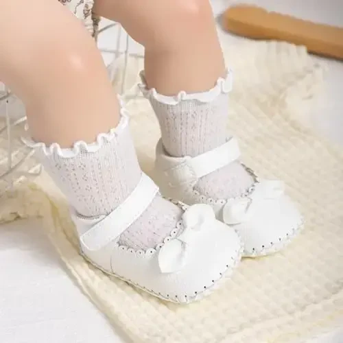 Meckior Infant Baby Girls Boys Handmade Princess Flats Toddler First Walkers Soft PU Leather Non-Slip Crib Wedding Dress Shoes - 3