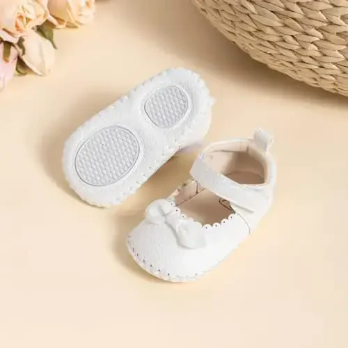 Meckior Infant Baby Girls Boys Handmade Princess Flats Toddler First Walkers Soft PU Leather Non-Slip Crib Wedding Dress Shoes - 4