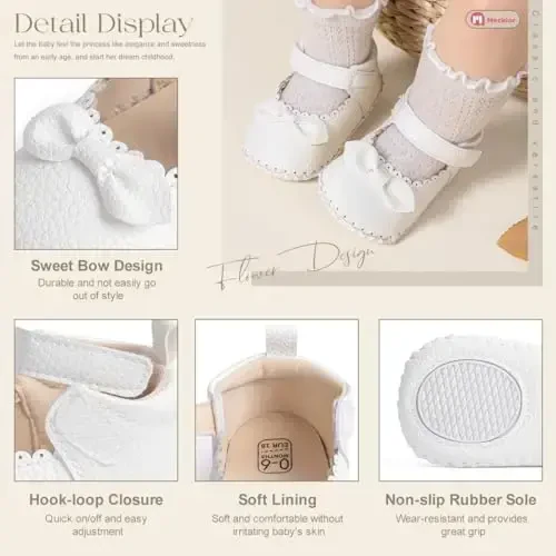 Meckior Infant Baby Girls Boys Handmade Princess Flats Toddler First Walkers Soft PU Leather Non-Slip Crib Wedding Dress Shoes - 5