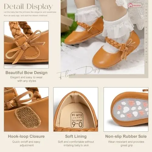 Meckior Infant Baby Girls Boys Handmade Princess Flats Toddler First Walkers Soft PU Leather Non-Slip Crib Wedding Dress Shoes - 5