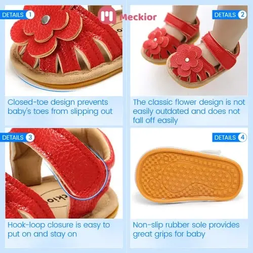 Meckior Baby Toddler Infant Girls PU Leather Soft Open Toe Summer Sandals Flower Princess Flat Shoes - 5