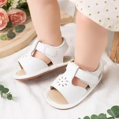 Meckior Baby Toddler Infant Girls PU Leather Soft Open Toe Summer Sandals Flower Princess Flat Shoes - 2