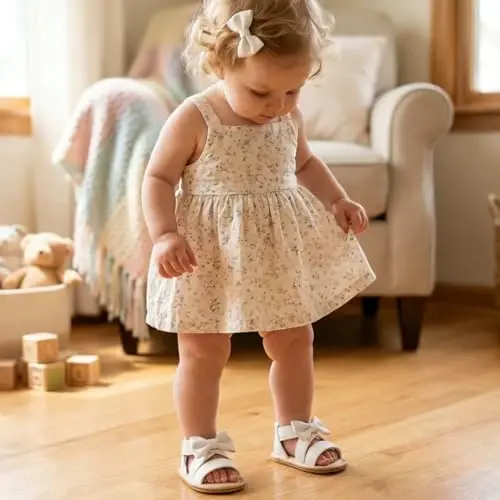 Meckior Baby Toddler Infant Girls PU Leather Soft Open Toe Summer Sandals Flower Princess Flat Shoes - 2