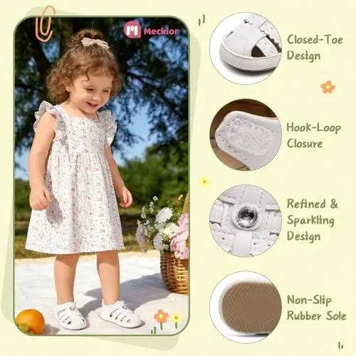 Meckior Baby Toddler Infant Girls PU Leather Soft Open Toe Summer Sandals Flower Princess Flat Shoes - 3