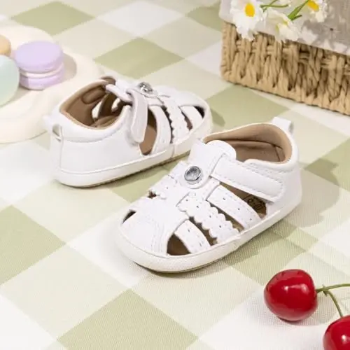 Meckior Baby Toddler Infant Girls PU Leather Soft Open Toe Summer Sandals Flower Princess Flat Shoes - 5