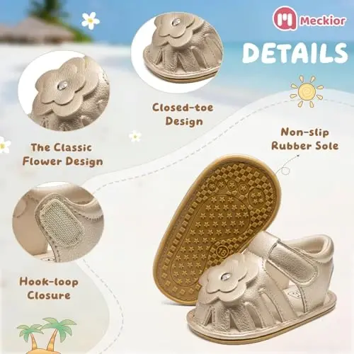 Meckior Baby Toddler Infant Girls PU Leather Soft Open Toe Summer Sandals Flower Princess Flat Shoes - 5