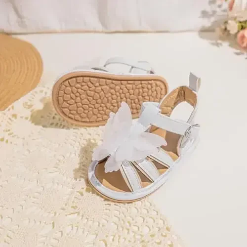 Meckior Baby Toddler Infant Girls PU Leather Soft Open Toe Summer Sandals Flower Princess Flat Shoes - 4