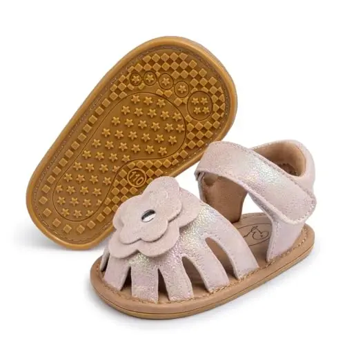 Meckior Baby Toddler Infant Girls PU Leather Soft Open Toe Summer Sandals Flower Princess Flat Shoes - 1