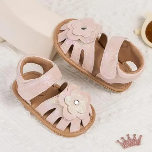 Meckior Baby Toddler Infant Girls PU Leather Soft Open Toe Summer Sandals Flower Princess Flat Shoes - 4