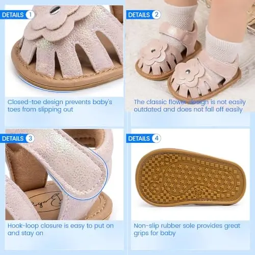Meckior Baby Toddler Infant Girls PU Leather Soft Open Toe Summer Sandals Flower Princess Flat Shoes - 5