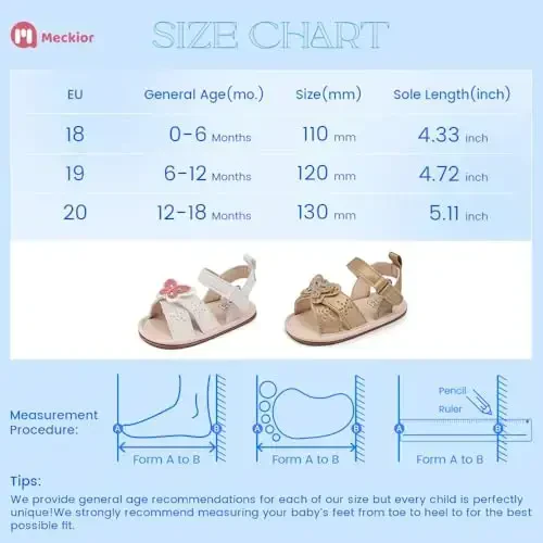 Meckior Baby Toddler Infant Girls PU Leather Soft Open Toe Summer Sandals Flower Princess Flat Shoes - 6