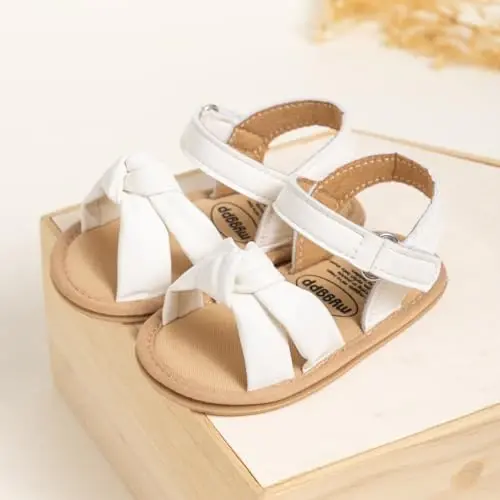 Meckior Baby Toddler Infant Girls PU Leather Soft Open Toe Summer Sandals Flower Princess Flat Shoes - 4