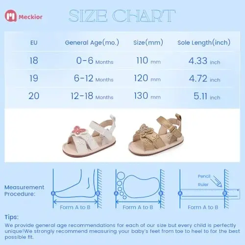 Meckior Baby Toddler Infant Girls PU Leather Soft Open Toe Summer Sandals Flower Princess Flat Shoes - 6