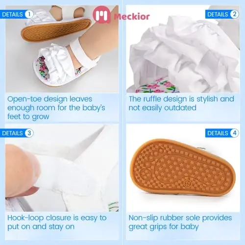 Meckior Baby Toddler Infant Girls PU Leather Soft Open Toe Summer Sandals Flower Princess Flat Shoes - 4