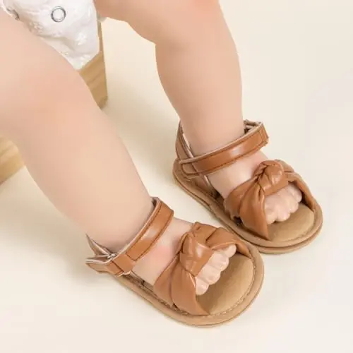 Meckior Baby Toddler Infant Girls PU Leather Soft Open Toe Summer Sandals Flower Princess Flat Shoes - 3