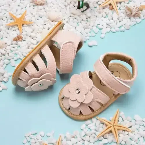Meckior Baby Toddler Infant Girls PU Leather Soft Open Toe Summer Sandals Flower Princess Flat Shoes - 4