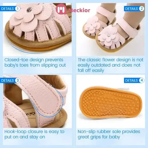 Meckior Baby Toddler Infant Girls PU Leather Soft Open Toe Summer Sandals Flower Princess Flat Shoes - 5
