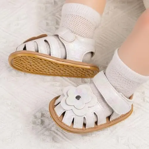 Meckior Baby Toddler Infant Girls PU Leather Soft Open Toe Summer Sandals Flower Princess Flat Shoes - 2