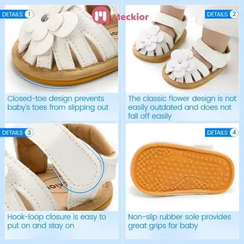 Meckior Baby Toddler Infant Girls PU Leather Soft Open Toe Summer Sandals Flower Princess Flat Shoes - 5