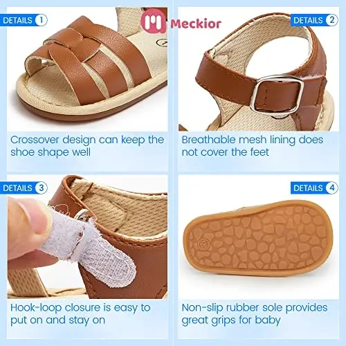 Meckior Baby Toddler Infant Girls PU Leather Soft Open Toe Summer Sandals Flower Princess Flat Shoes - 5