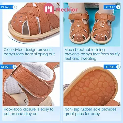 Meckior Chaqaloq Qizlar PU Charm Yumshoq Ochiq Oyoqli Yozgi Sandallar Gul Princess Tekis Poyabzal - 5