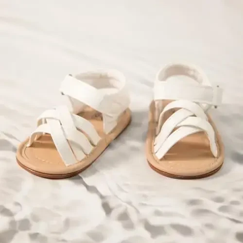 Meckior chaqaloq qizlar PU teri yumshoq ochiq oyoq yozgi sandal gul malika tekis poyabzal - 3